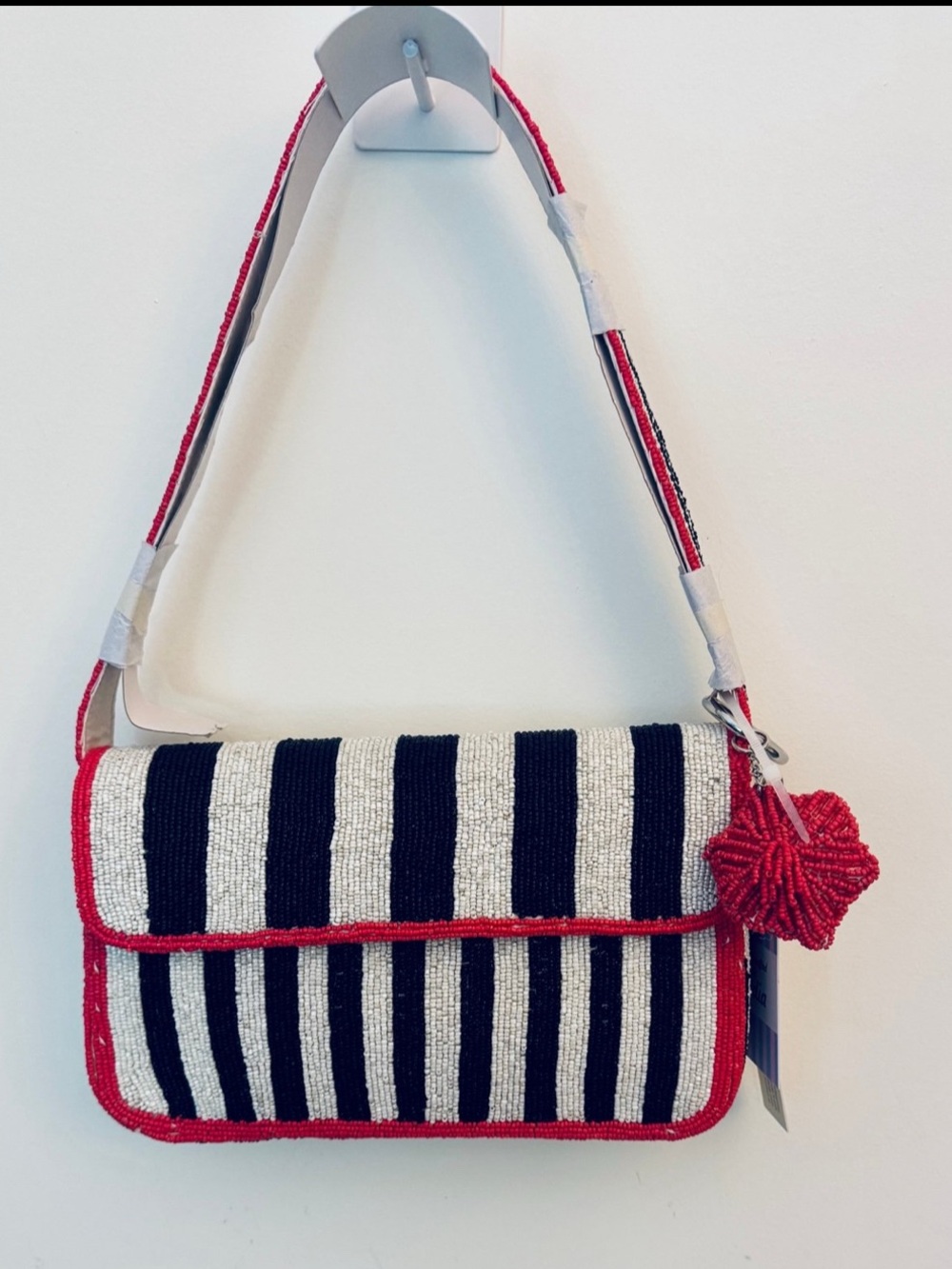 Striped Beaded Shoulder Bag in Navy, White & Red NWT